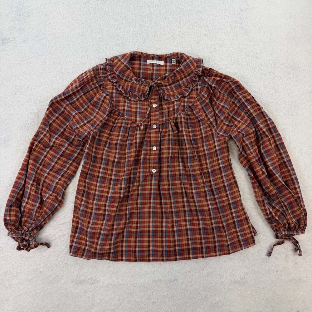 DOEN Orange Plaid Print Cottagecore Quarter Button Petter Pan Collar Top Size S